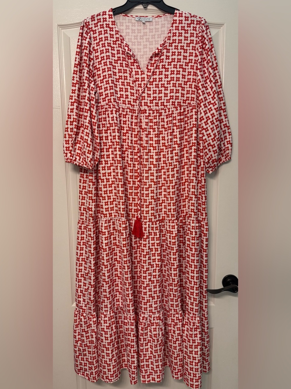Cezele Boho Maxi Dress Medium Red White Geometric Print Tassel Tie Tiered